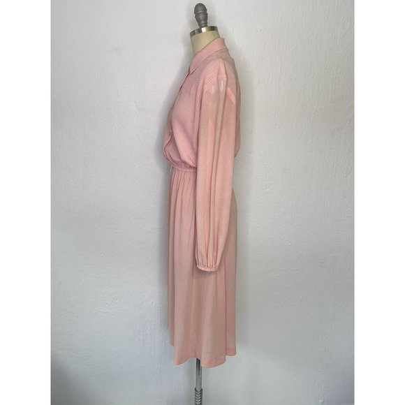 Vintage 70s Nylon Shirt Dress Size Small Collared Pastel Pink Academia Secretary - Picture 7 of 8